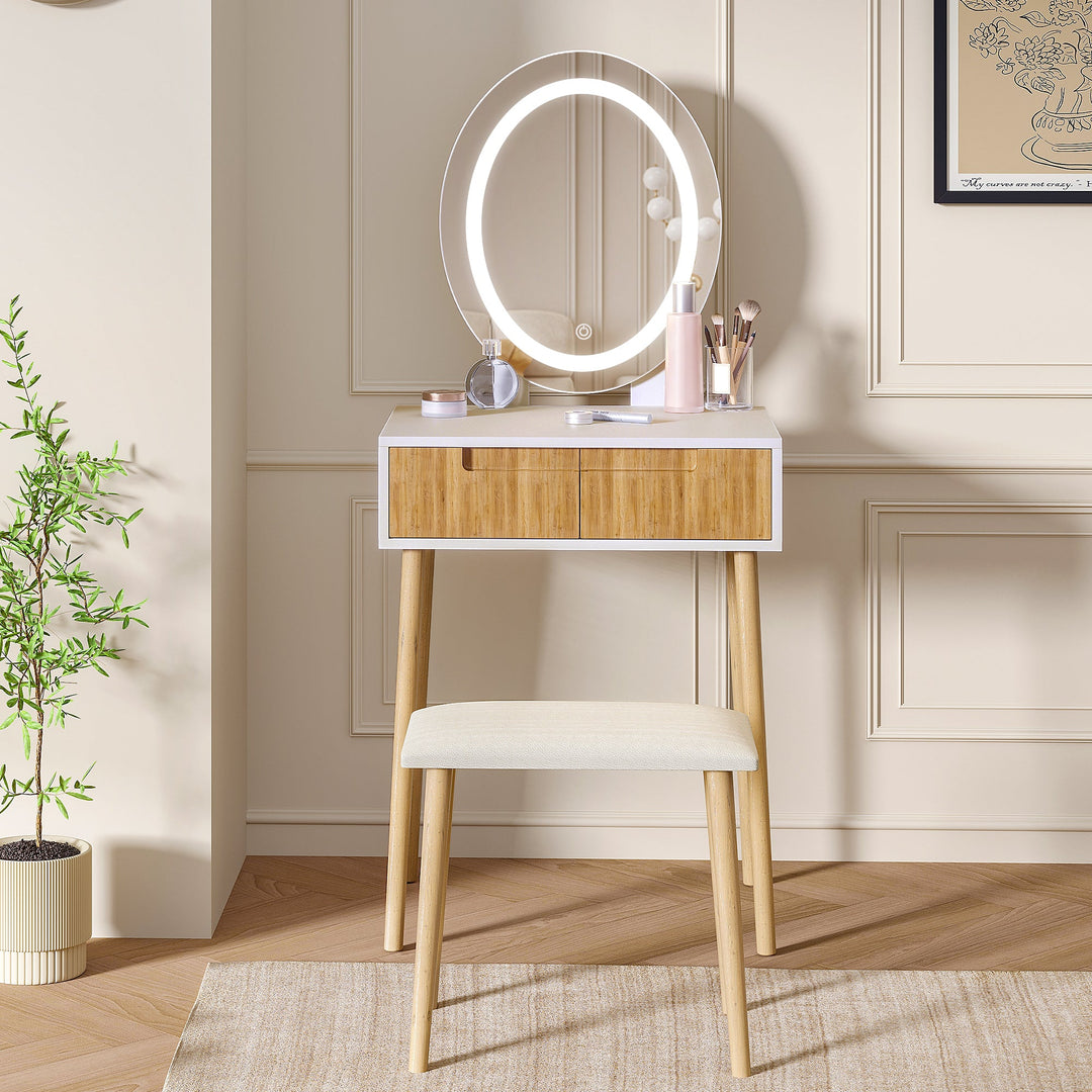 2-Drawer Wooden Vanity Desk with Round Mirror Assembly Guidance