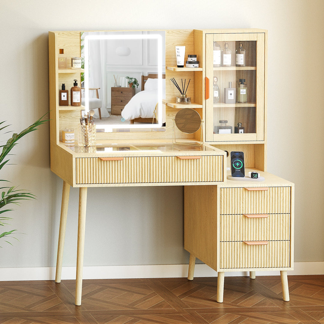 5-Drawer Wooden Vanity Desk with Shelves Assembly Guidance