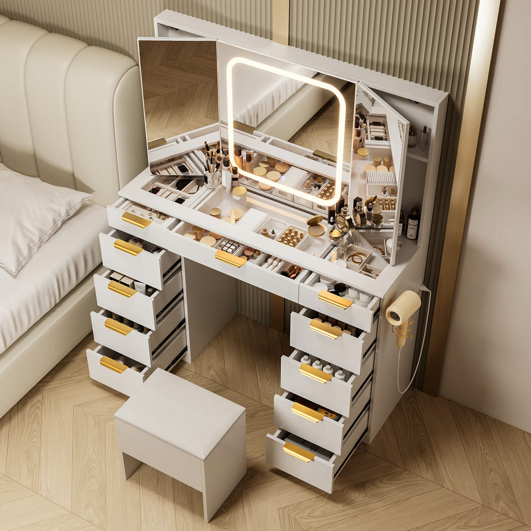 11-Drawer Makeup Vanity Desk with Tri-Fold Mirror