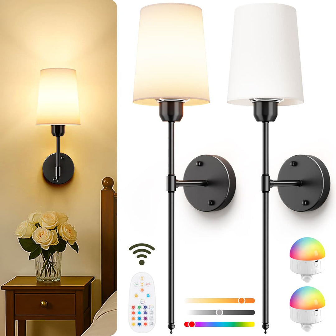Rechargeable RGB Wall Sconces with Fabric Shades, Set of 2