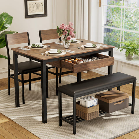 Dining room set with table, chairs, and bench in a well-lit room.