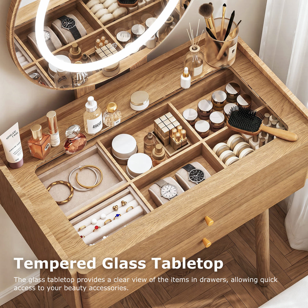 Small Glass-Top Makeup Vanity Desk with Round LED Mirror and Stool