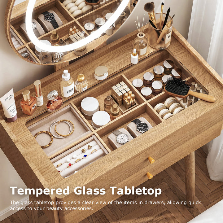 Small Glass-Top Makeup Vanity Desk with Round LED Mirror and Stool