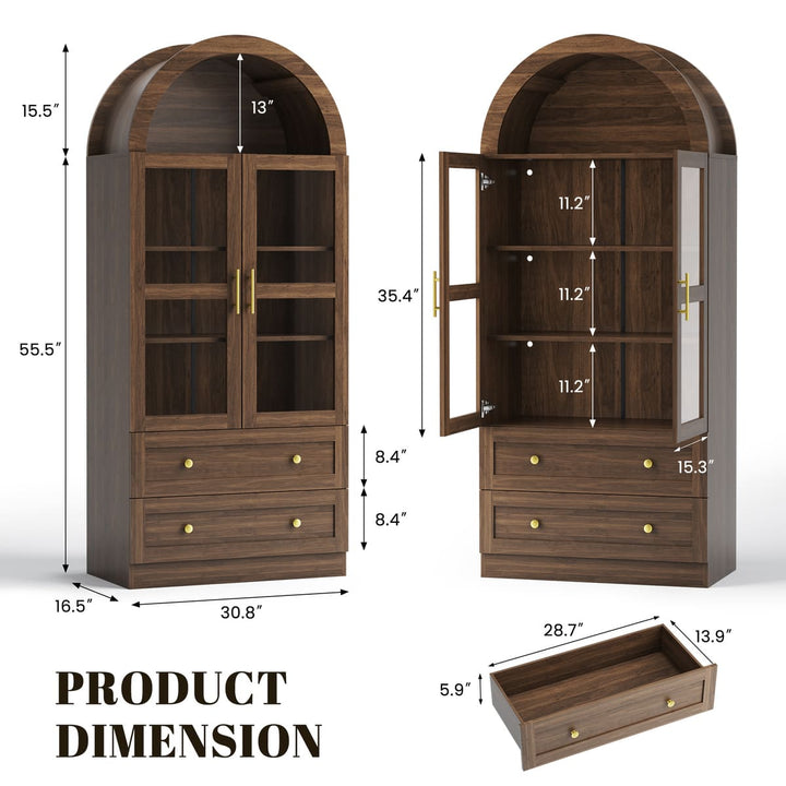 Arched Glass Display Cabinet with Drawers