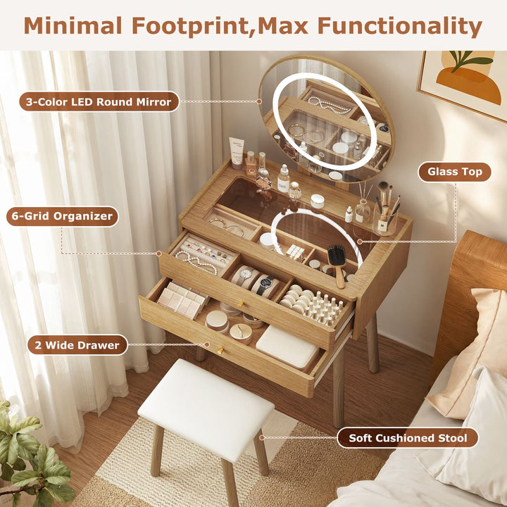 Small Glass-Top Makeup Vanity Desk with Round LED Mirror and Stool