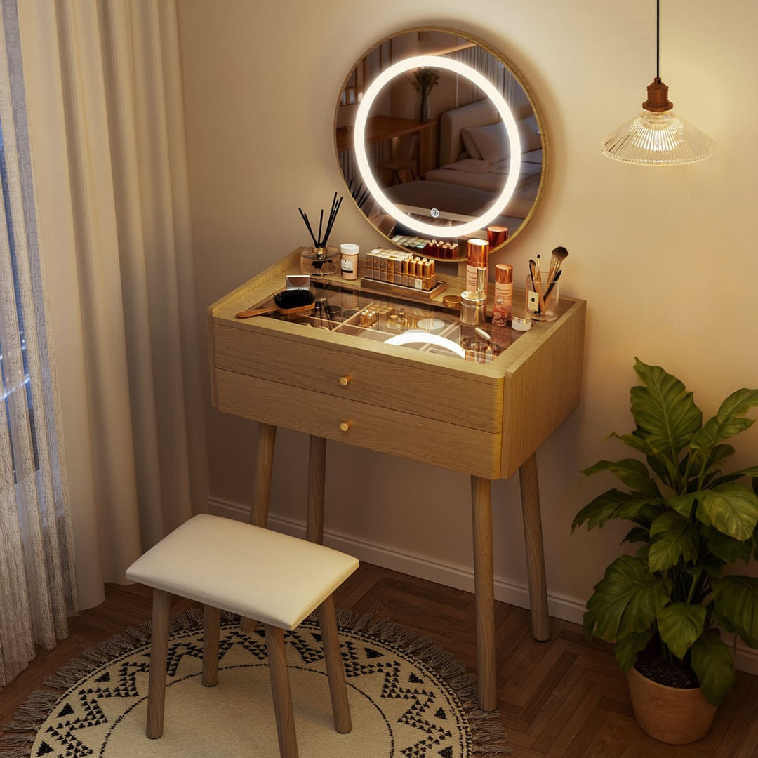Small Glass-Top Makeup Vanity Desk with Round LED Mirror and Stool
