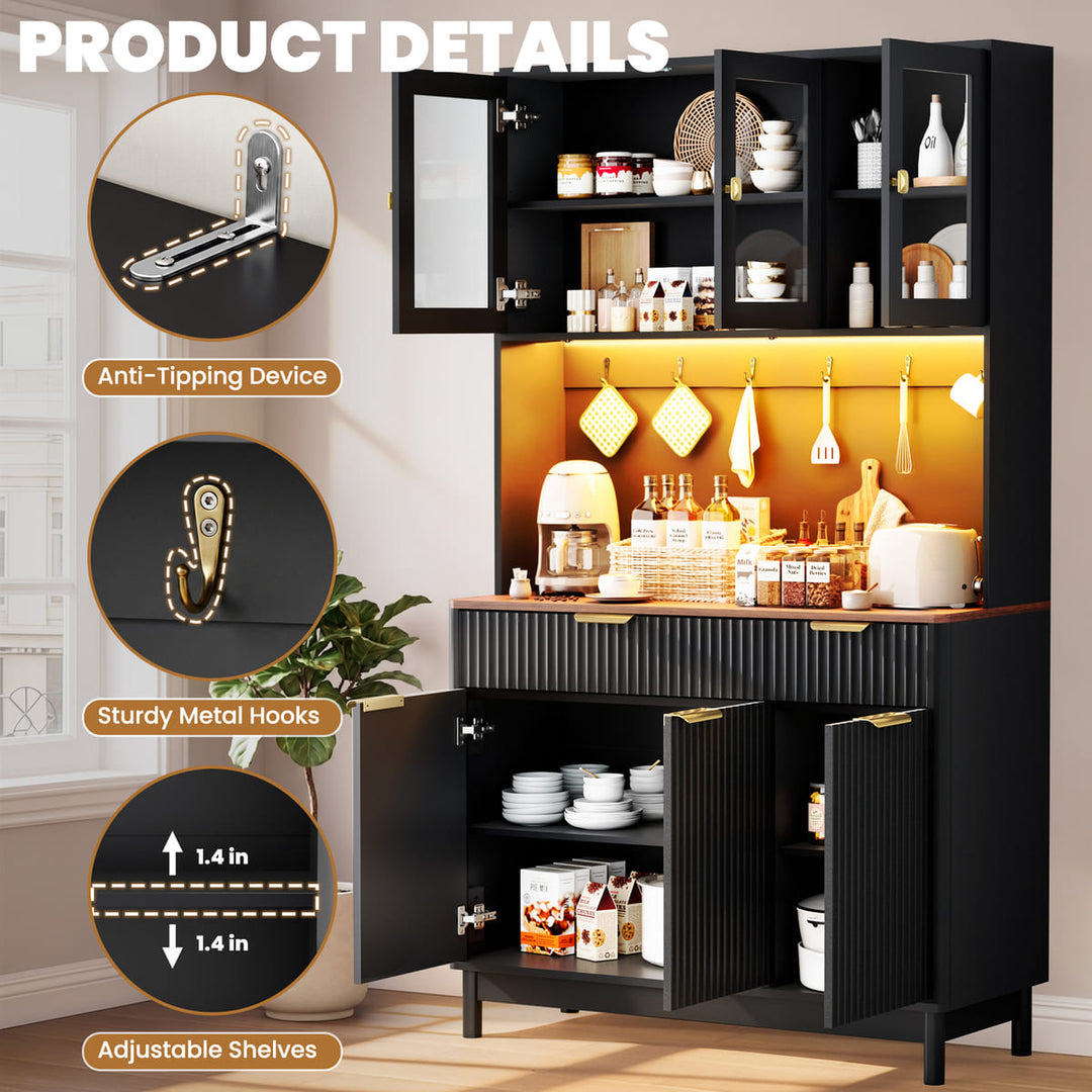 Black kitchen cabinet with open doors displaying various kitchen items, including an anti-tipping device, sturdy metal hooks, and adjustable shelves.