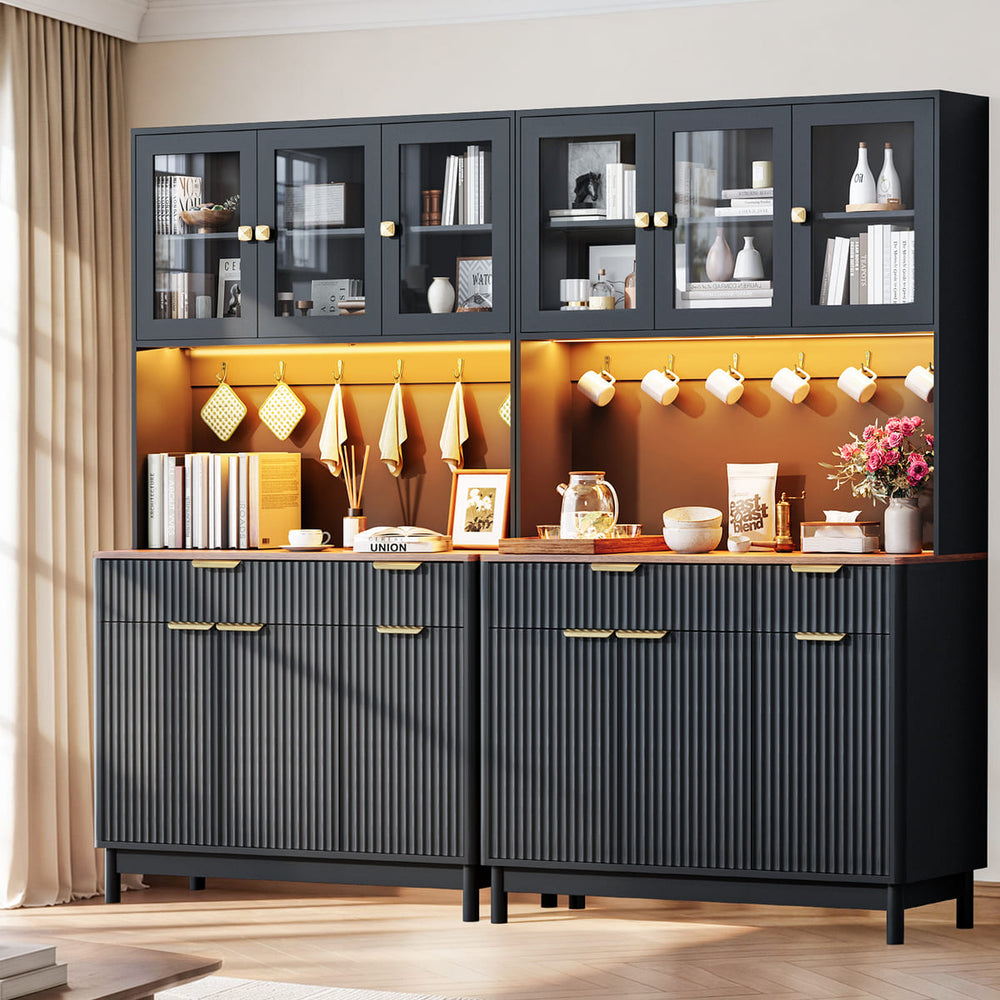 Modern black cabinet with glass doors and wooden shelves in a room setting.