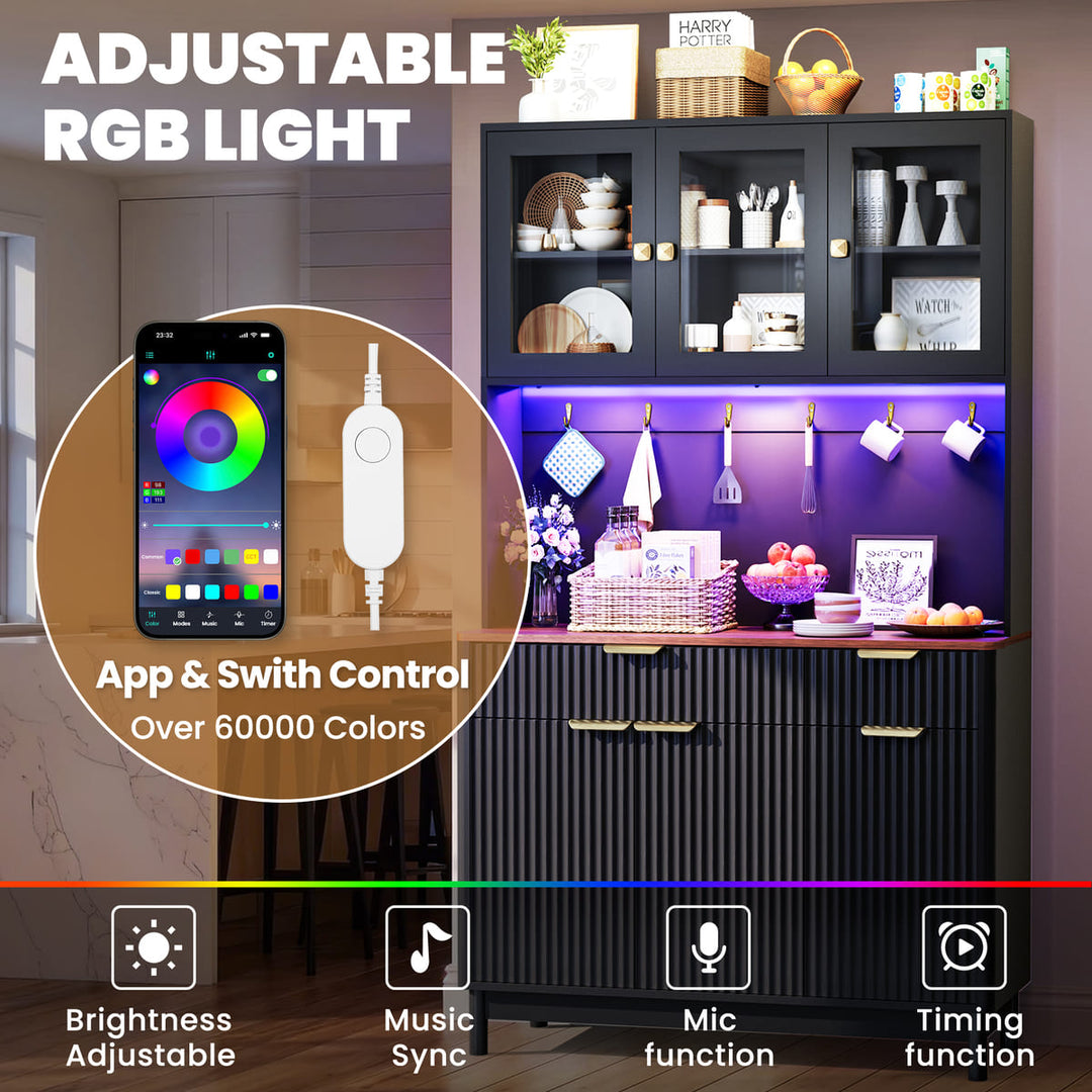 Cabinetry with adjustable RGB light control system, smartphone app, and hardware shown.