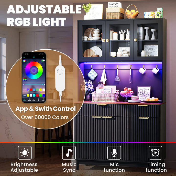 Cabinetry with adjustable RGB light control system, smartphone app, and hardware shown.