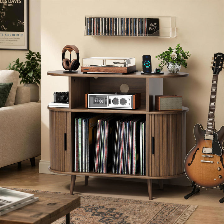 Curved Fluted Record Player Stand with Vinyl Storage