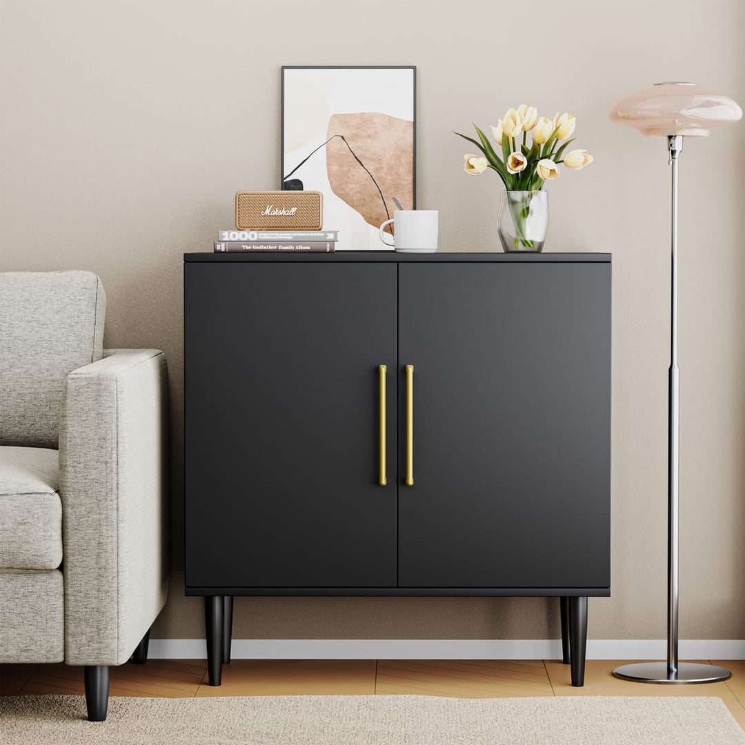 Black cabinet with gold handles in a living room setting