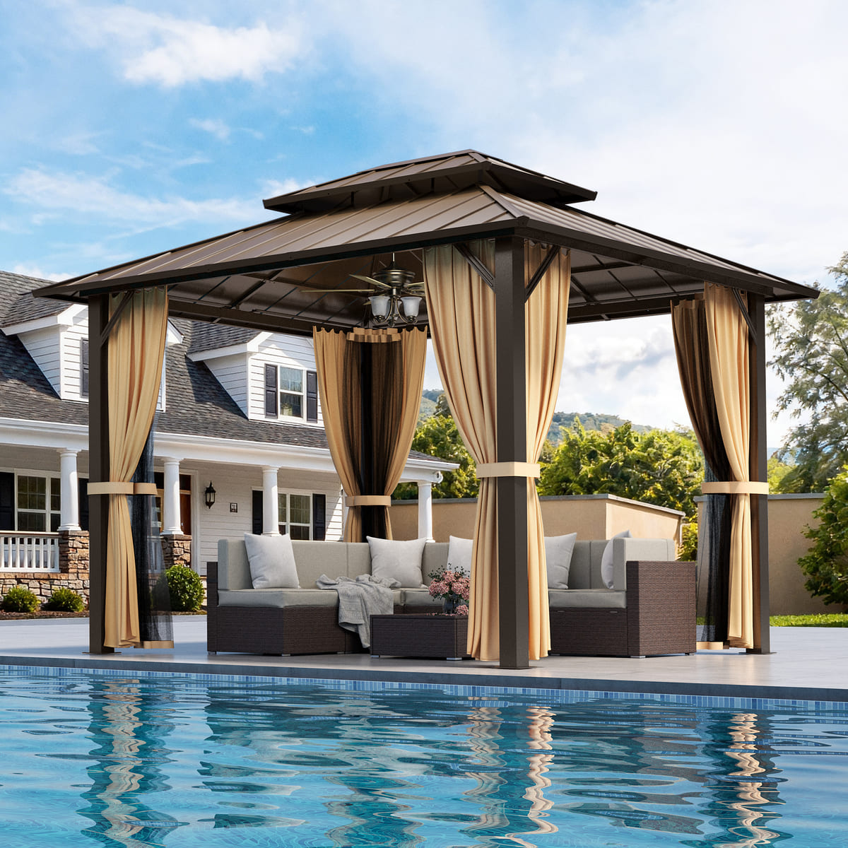 Patio gazebo with curtains by a poolside, featuring outdoor furniture.