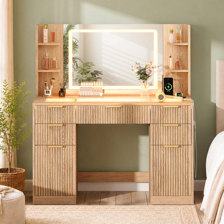 Fluted Glass-Top Makeup Vanity Desk with Open Shelves