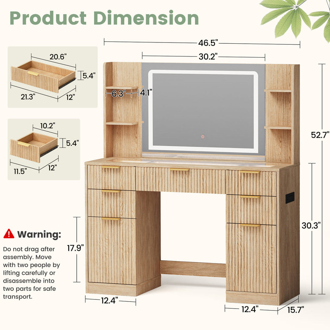 Fluted Glass-Top Makeup Vanity Desk with Open Shelves