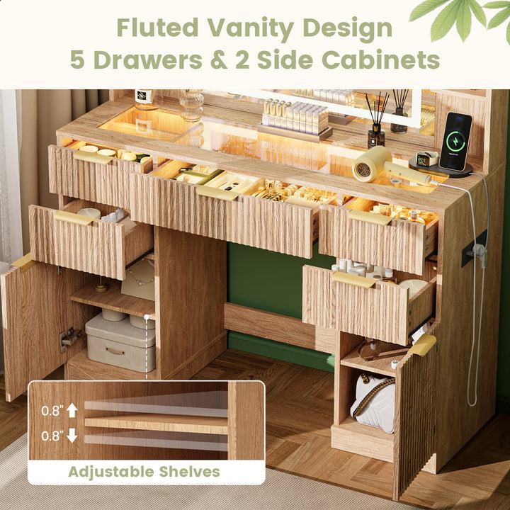 Fluted Glass-Top Makeup Vanity Desk with Open Shelves