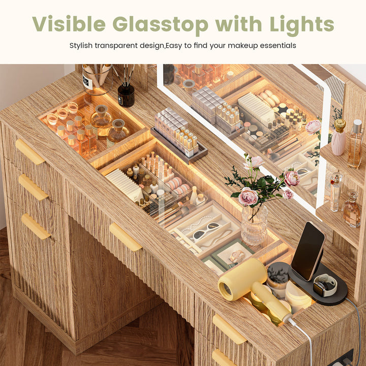 Fluted Glass-Top Makeup Vanity Desk with Open Shelves