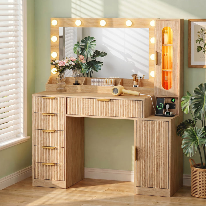 Fluted Makeup Vanity Desk with RGB Cabinet