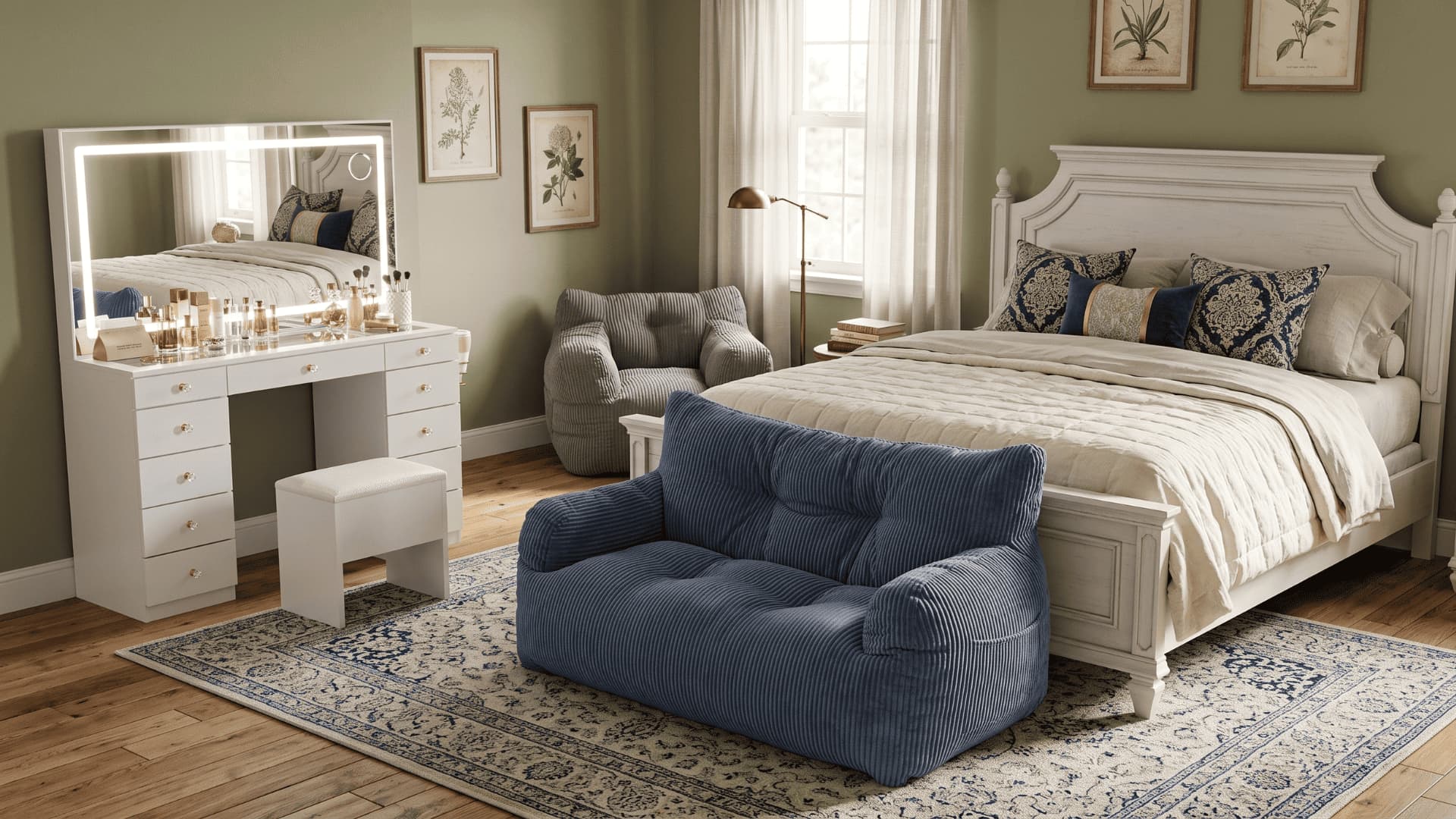 Neatly arranged bedroom with a bed, vanity, and blue pet bed.