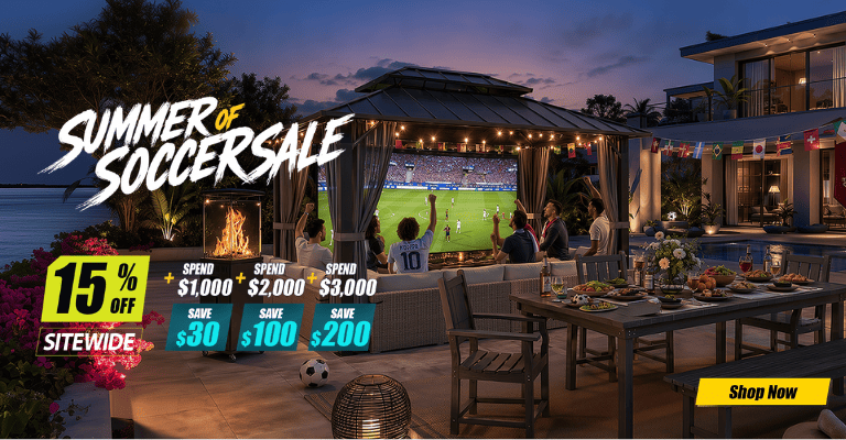 Outdoor summer sale event with people watching a soccer match on a screen.