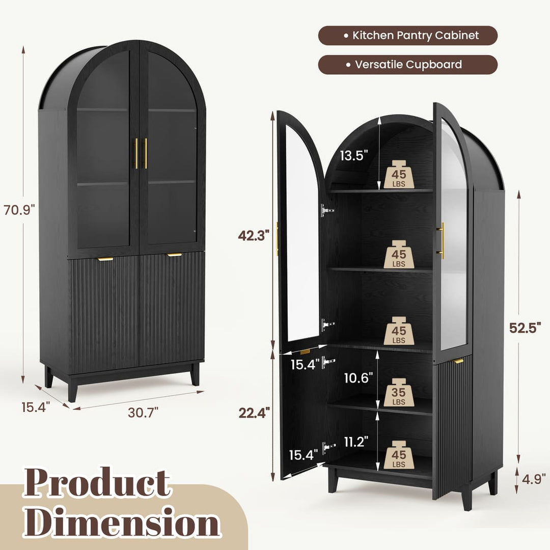 71" Arched Storage Cabinet with Glass Doors & Adjustable Shelf