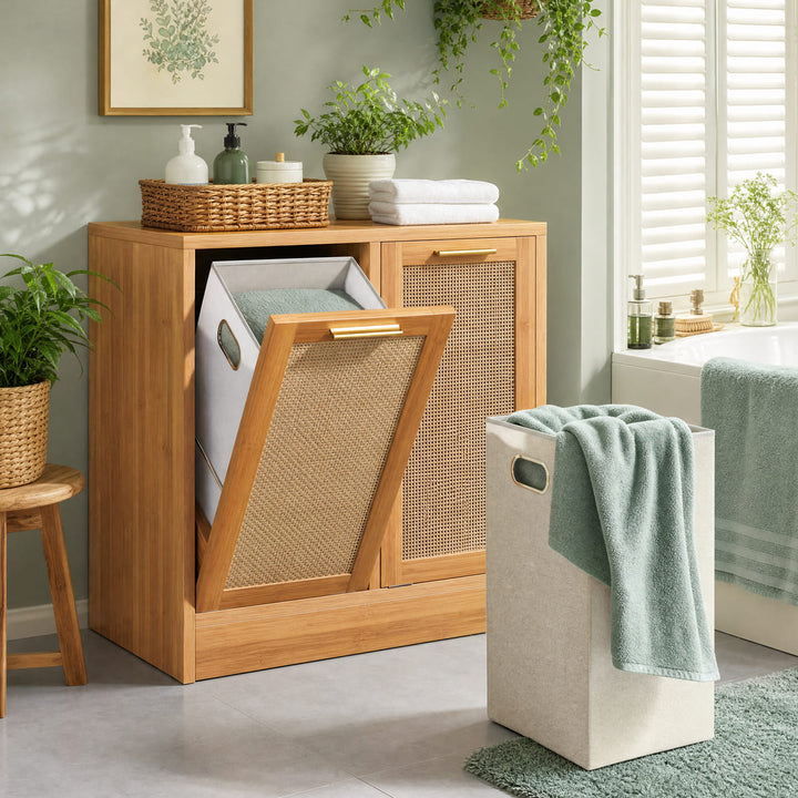 Wooden laundry cabinet with a white bin and green towel, surrounded by plants and decor.