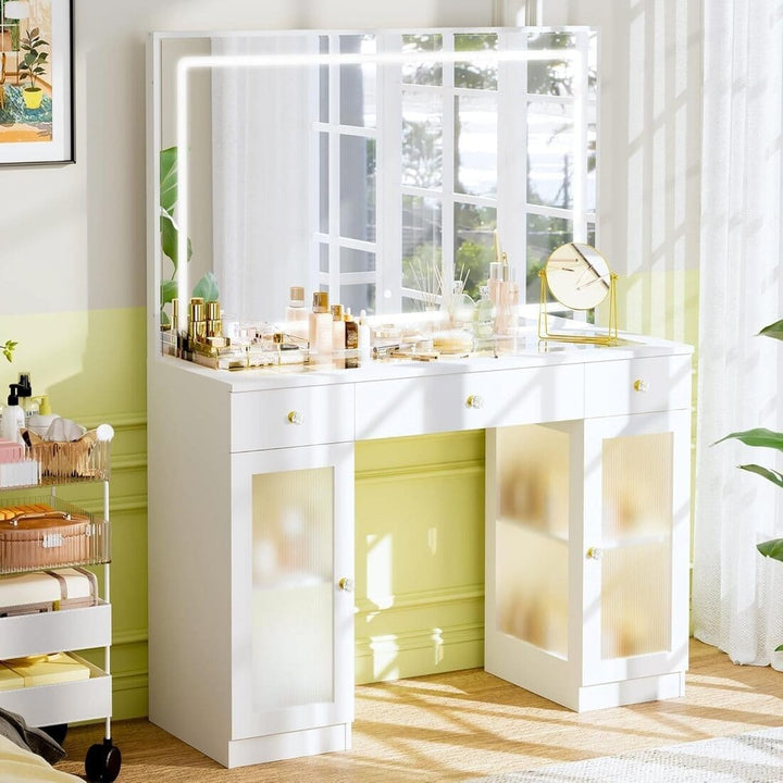 Pamapic Tempered Glass Top Vanity Desk with Lighted Mirror, 2 Transparent Cabinets & 3 Drawers