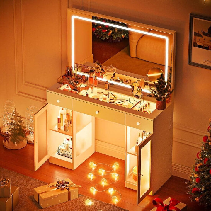 Pamapic Tempered Glass Top Vanity Desk with Lighted Mirror, 2 Transparent Cabinets & 3 Drawers