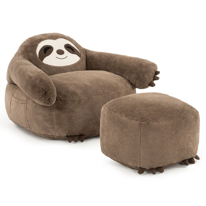 Brown sloth-shaped chair and ottoman set on a white background