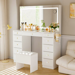 11-Drawer Vanity Desk with Crystal Handles, Glass Top & LED Mirror