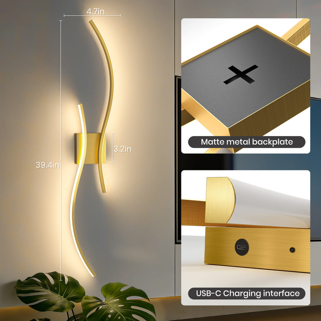 Gold Cordless S-Shaped Wall Sconces, Set of 2, 31.5"