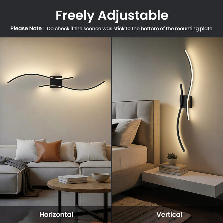 Black Cordless S-Shaped Wall Sconces, Set of 2, 31.5"