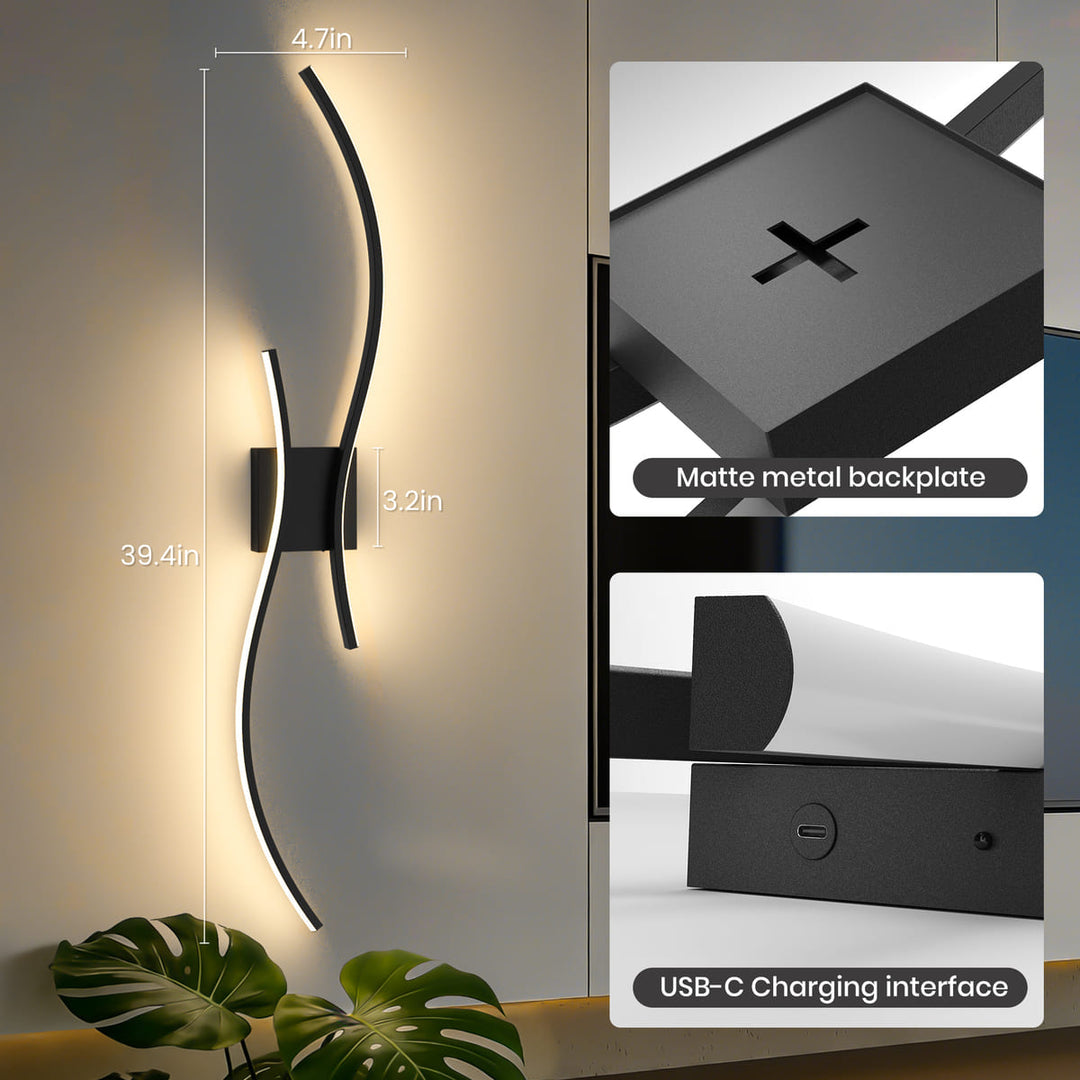 Black Cordless S-Shaped Wall Sconces, Set of 2, 31.5"