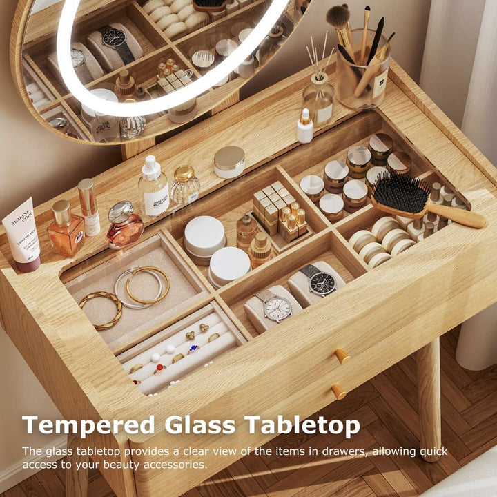 Small Vanity Desk with Round LED Mirror, Glass Top, Drawers & Stool
