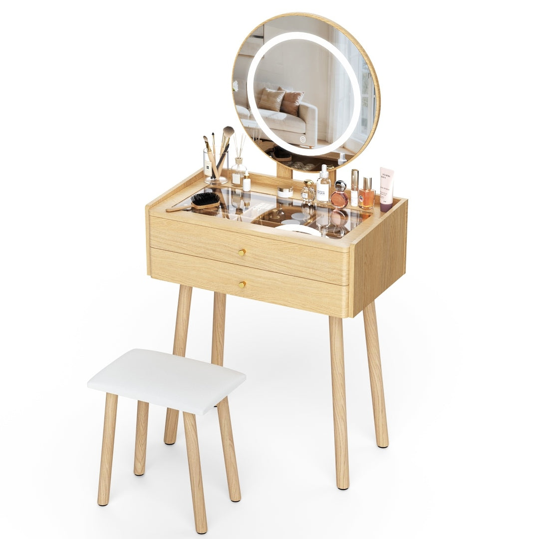 Small Vanity Desk with Round LED Mirror, Glass Top, Drawers & Stool