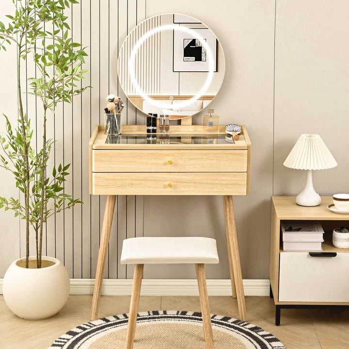 Small Vanity Desk with Round LED Mirror, Glass Top, Drawers & Stool
