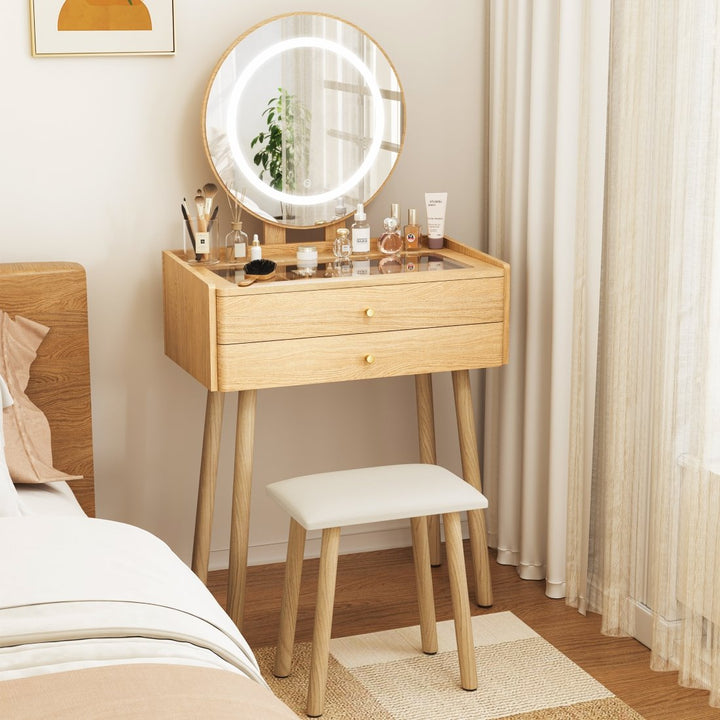 Small Vanity Desk with Round LED Mirror, Glass Top, Drawers & Stool