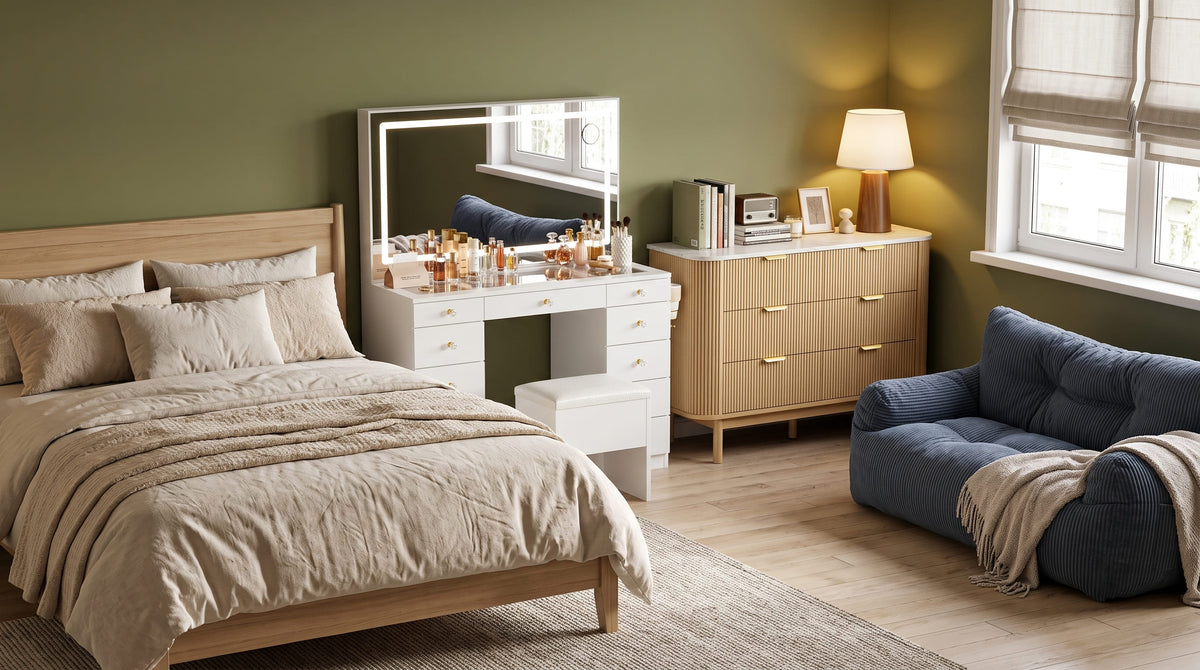 Pamapic vanity，Pamapic bean bag，Pamapic Curved Fluted 6-Drawer Dresser