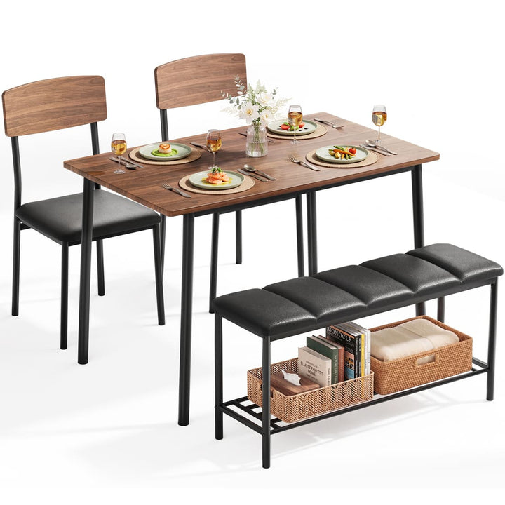 Dining Table Set for 4, Upholstered Chairs & Storage Bench