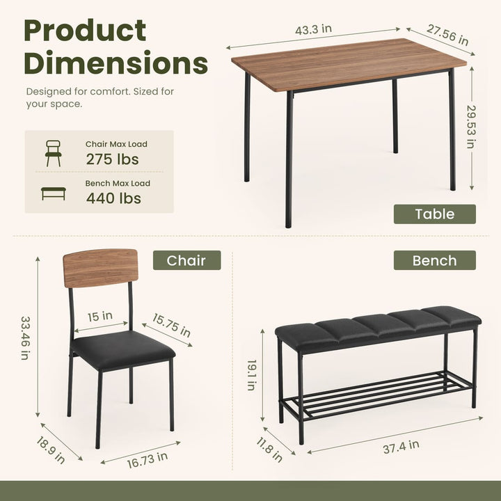 Dining Table Set for 4, Upholstered Chairs & Storage Bench
