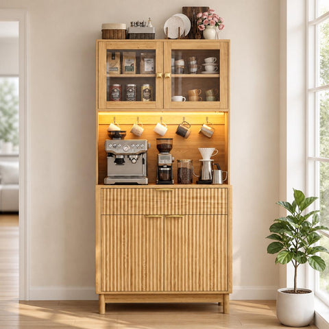 2-Door Fluted Kitchen Hutch, Compact Coffee Bar