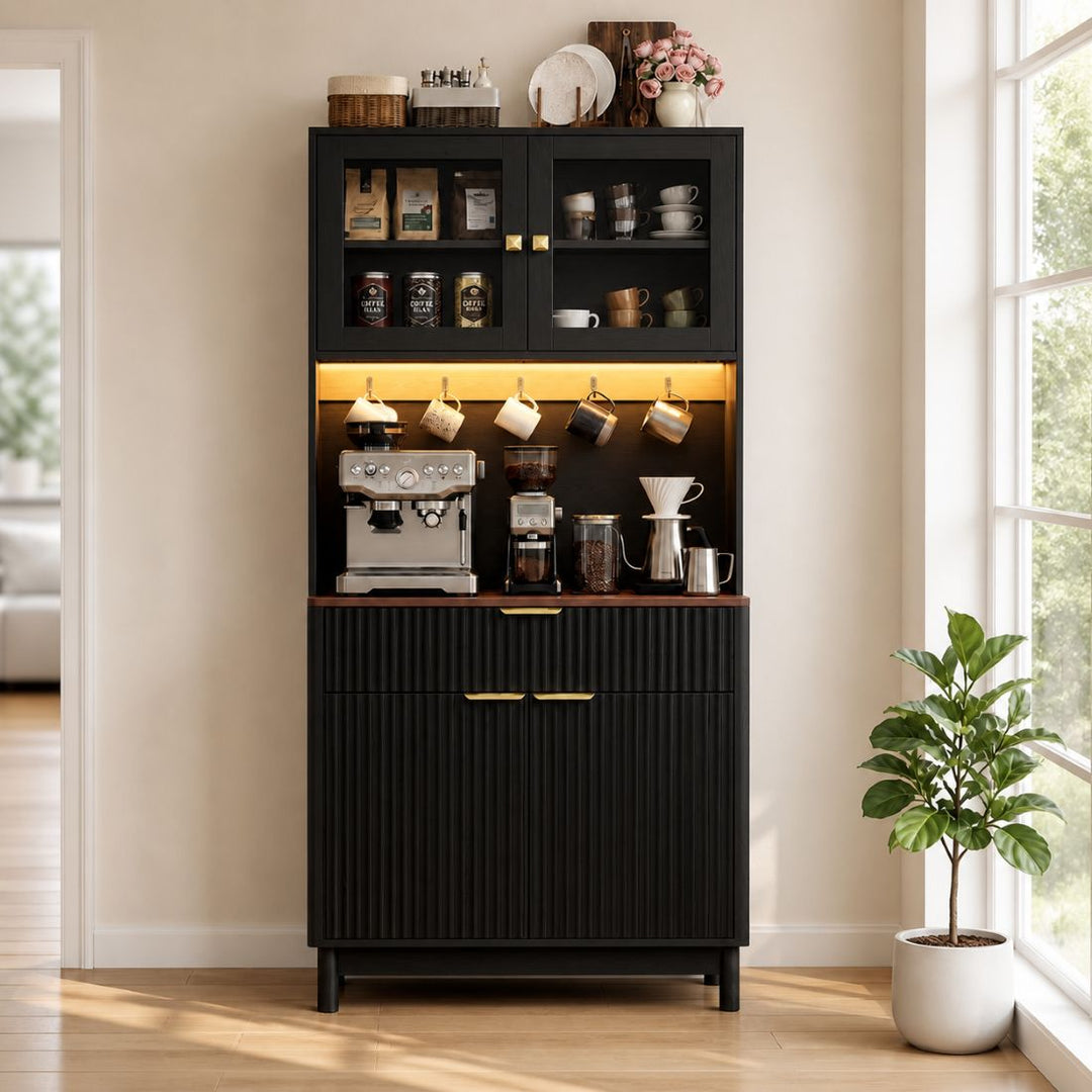 2-Door Fluted Kitchen Hutch, Compact Coffee Bar