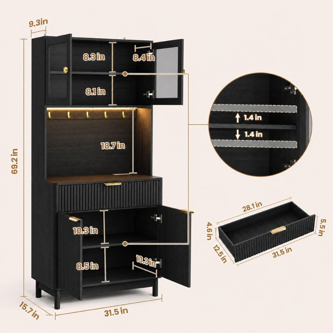 2-Door Fluted Kitchen Hutch, Compact Coffee Bar