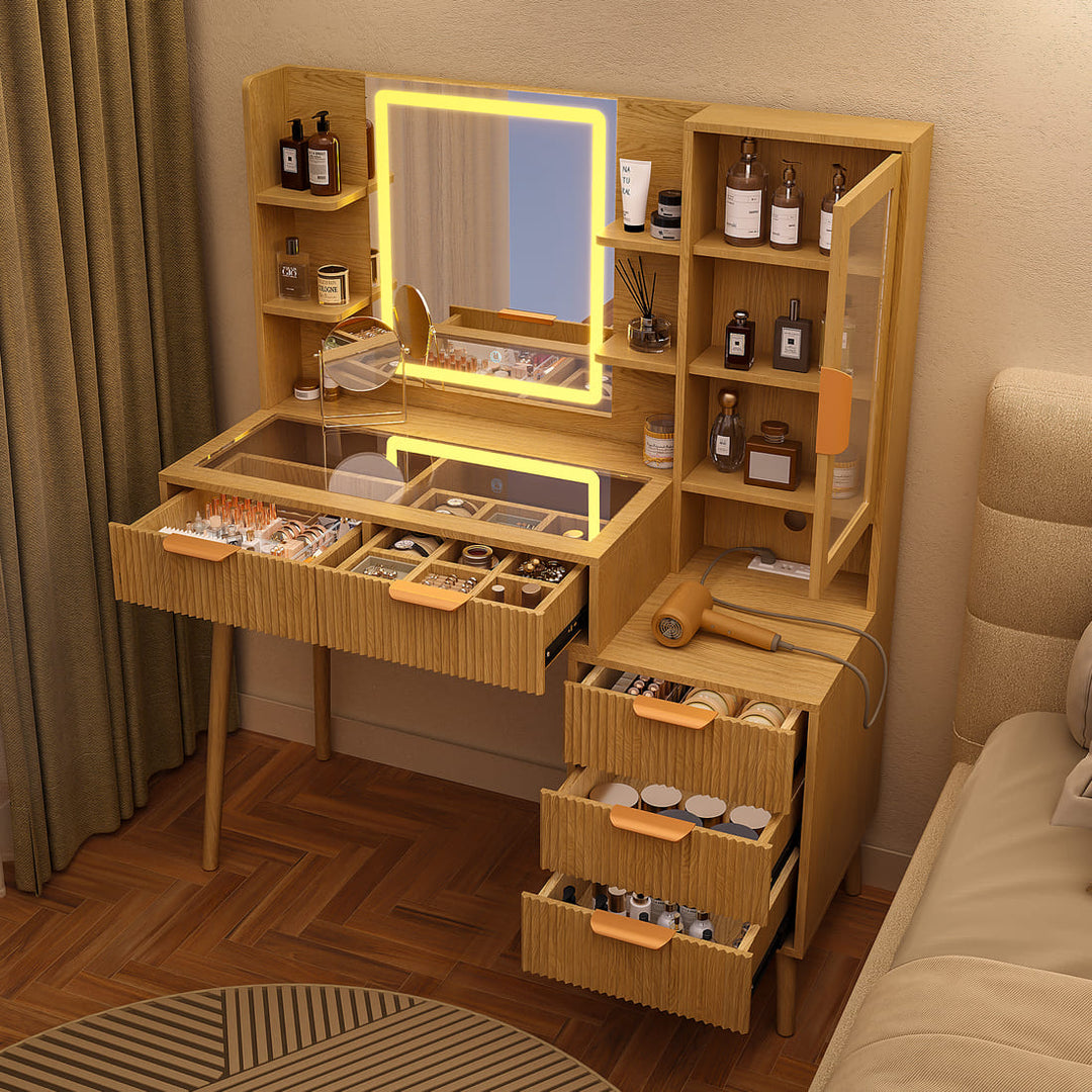 Pamapic Girls Vanity Desk with Mirror & 5 Drawers, Natural Oak