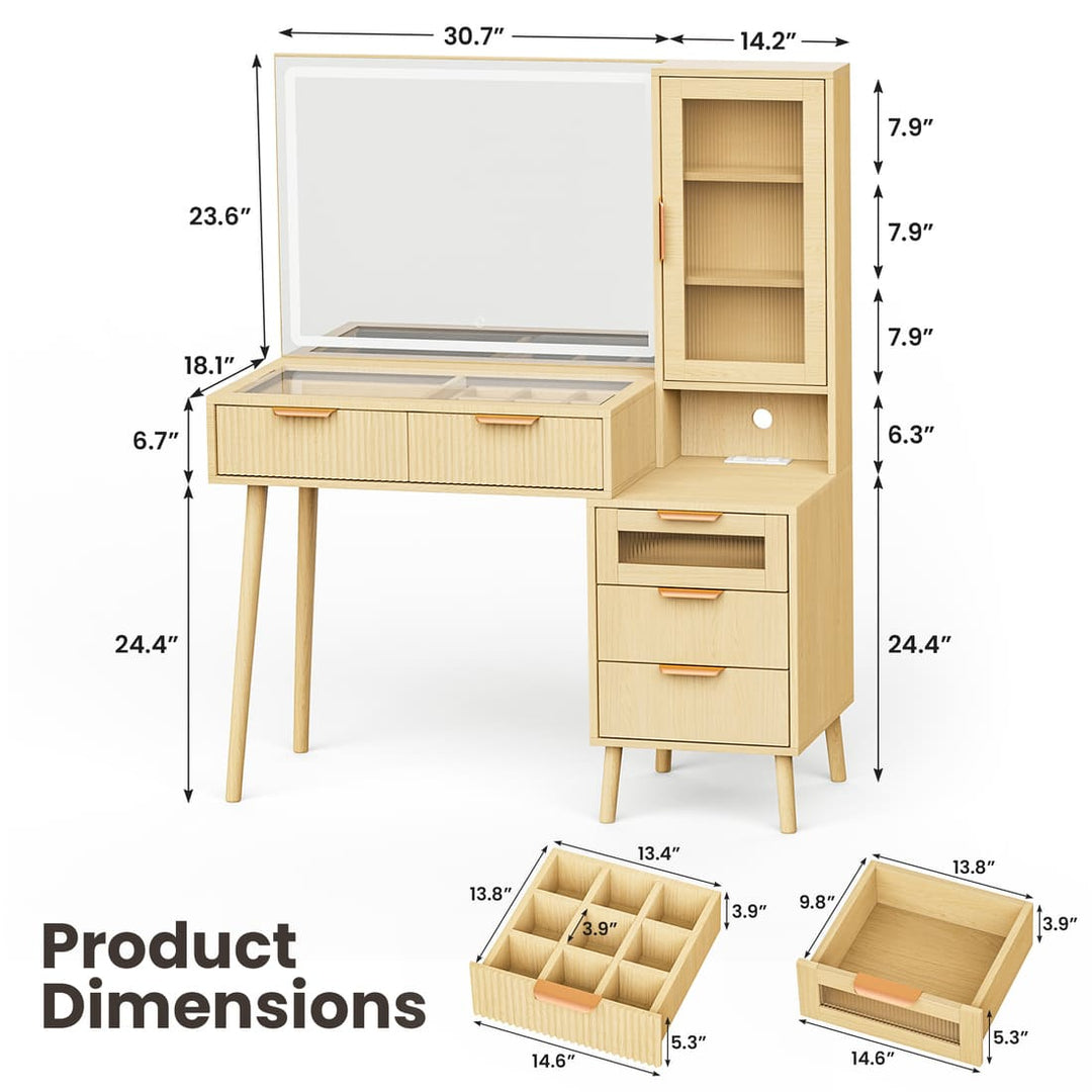 Pamapic Girls Vanity Desk with Mirror & 5 Drawers, Natural Oak