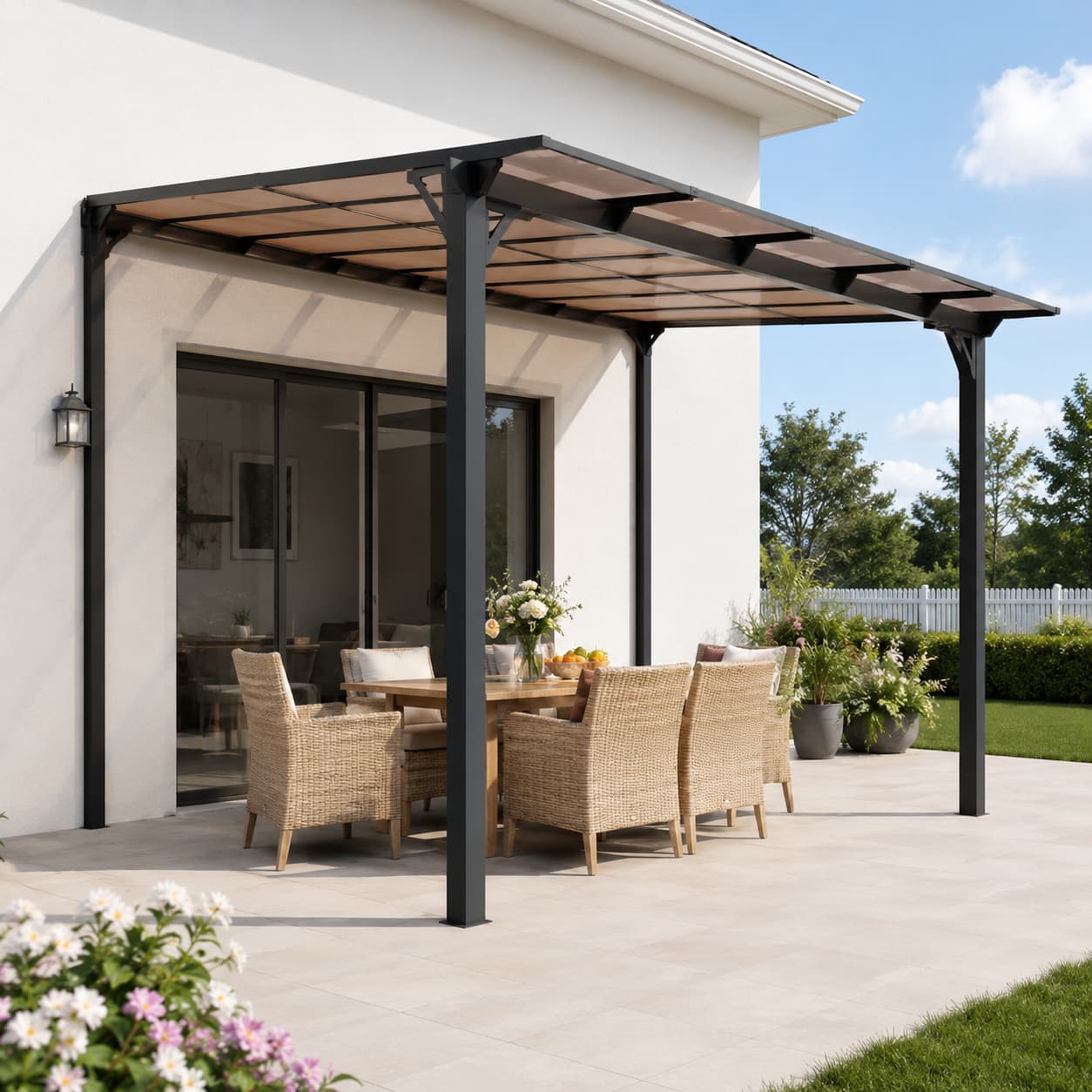 Pamapic Aera lean to patio gazebo with shaded outdoor dining area