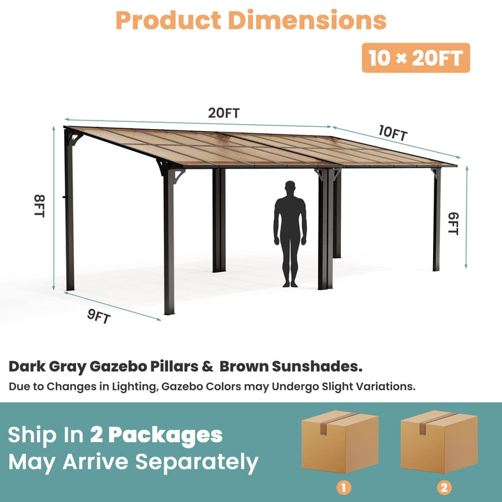 Pamapic Aera wall-mounted lean-to gazebo with 10 x 20 ft product dimensions