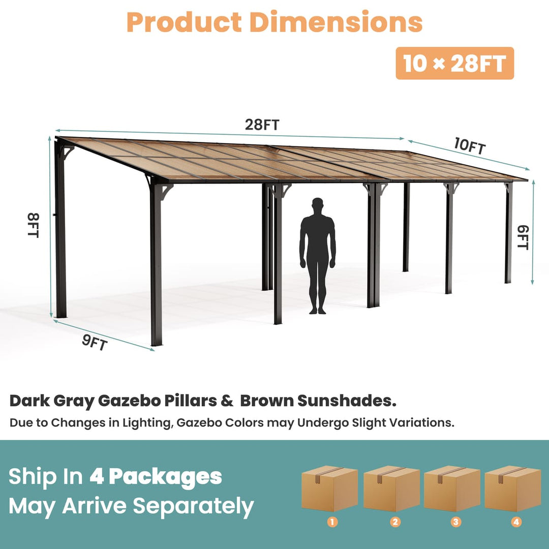 Pamapic Aera wall-mounted lean-to gazebo with 10 x 28 ft product dimensions