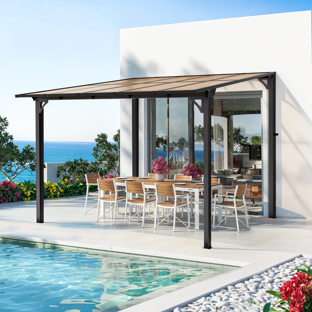 Pamapic Aera wall-mounted lean-to gazebo with covered patio beside a pool