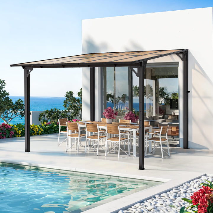 Pamapic Aera wall-mounted lean-to gazebo with covered patio beside a pool